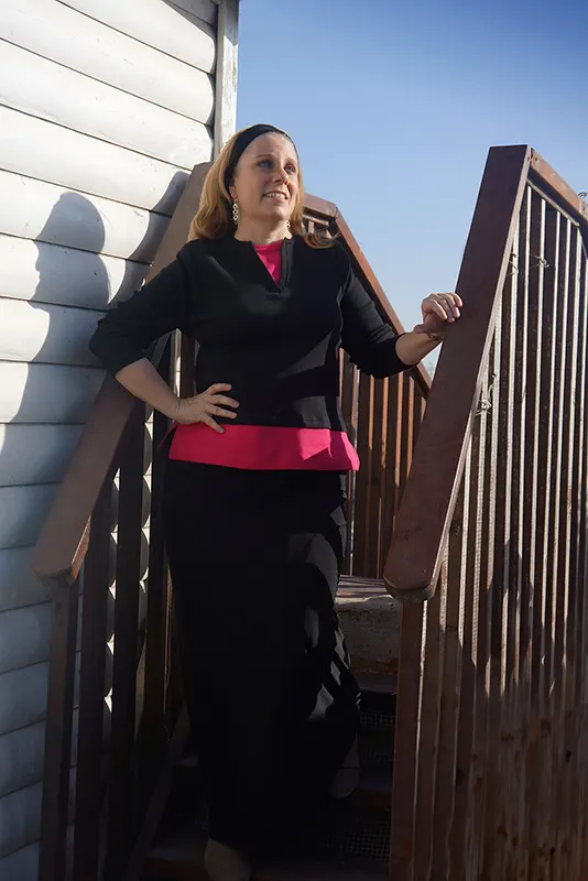 Black-Fuchsia Faux Layer V-neck Blouse Top